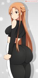 1girls alternate_ass_size ass big_ass big_butt breasts brown_eyes brown_hair curvy eye_contact female female_focus female_only from_side fully_clothed grey_background huge_ass large_ass leggings long_hair looking_at_viewer looking_to_the_side medium_breasts midriff solo solo_female solo_focus standing sword_art_online thick_ass thick_thighs thighs tight_clothing very_long_hair yuuki_asuna zonen404