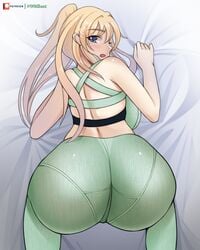 1girls 99illust all_fours ass bed big_ass big_breasts big_butt blonde_hair blue_eyes breasts eye_contact female genshin_impact jean_gunnhildr large_breasts leggings long_hair looking_at_viewer looking_back on_bed ponytail thick_ass thick_thighs thighs tight_clothing yoga_pants