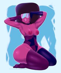 1girls ass big_ass breasts clothed clothing elbow_gloves female female_only garnet_(steven_universe) gem_(species) gem_fusion gloves humanoid kneeling mamablu mostly_nude solo steven_universe thick_thighs thighhighs wide_hips