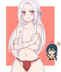 2girls bad_censor bare_shoulders byleth_(fire_emblem) byleth_(fire_emblem)_(female) covering edelgard_von_hresvelg embarrassed female_focus fire_emblem fire_emblem:_three_houses frown fundoshi happy long_hair multiple_girls nagasawa_(tthnhk) nintendo panties purple_eyes red_panties solo_focus topless very_long_hair white_hair yuri