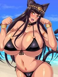 1girls 3:4 5_fingers arms_up bastet beach bikini black_bikini black_bikini_bottom black_bikini_top black_hair_female black_necklace blue_sky blunt_bangs cat_ears cat_girl cat_tail catgirl cloud egyptian egyptian_mythology female female_focus female_only glistening_breasts huge_breasts jingle_bell jingle_bell_collar long_black_hair long_hair long_hair_female necklace nishida_megane orange_eyes pixiv seaside shiny_bikini shiny_skin sky wide_hips