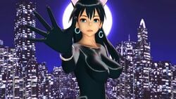 1girls 3d animal_ears animated black_hair bodysuit bouncing_ass bouncing_breasts breasts cat_ears cat_girl cat_tail catgirl city_background city_lights city_nights cityscape dancing dark_hair full_moon green_eyes heart hoop_earrings long_hair long_tail mikumikudance mmd moon neko no_sound shiny shiny_clothes shiny_hair shiny_skin tagme tail tattoo video z375