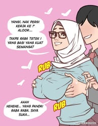 1boy 1girls bolapistarize braless breast_grab breasts female glasses hijab large_breasts male translation_request