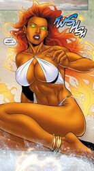 1girls beach big_breasts bikini breasts cleavage dc dc_comics elizabeth_torque female female_only fit_female green_eyes kevin_senft koriand'r long_hair midriff orange_skin purple_lipstick solo starfire starfire_(comics) swimsuit teen_titans thong voluptuous white_bikini