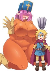 1boy 1girls amagaeru_(hylathewet) blush bodysuit breasts breasts_bigger_than_head cameltoe clothing cosplay cyclops dragon_quest dragon_quest_iii embarrassed erect_nipples erection_under_clothes female giantess gloves hair_over_eyes horn huge_breasts ishuzoku_kyoushoujo_sextet! kneeling large_breasts larger_female looking_at_viewer mace male nipple_bulge oversized_sextet priest_(dq3)_(cosplay) roto_(cosplay) short_hair size_difference skintight smaller_male smile thick_thighs tights touru_wynn unna_cherott wide_hips