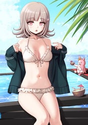 1girls bare_midriff bare_shoulders bare_thighs belly big_breasts bikini bikini_bottom bikini_top blue_sky breasts cleavage danganronpa danganronpa_2:_goodbye_despair danganronpa_s:_ultimate_summer_camp deadnoodles_(@deadnooodles) eyebrows_visible_through_hair female female_only frills front-tie_bikini front-tie_top front_view hair_ornament hourglass_figure human human_only light-skinned_female light_skin looking_at_viewer mole mole_on_breast monomi_(danganronpa) nanami_chiaki navel nintendo_switch ocean open_clothes open_jacket open_shirt pale-skinned_female pale_skin red_eyes sea short_hair sitting sitting_down sky solo solo_female stomach straight_hair super_danganronpa_2 surprised surprised_expression swimsuit taking_clothes_off undressing water white_bikini white_bikini_bottom white_bikini_top white_swimsuit