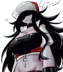 big_breasts black_hair breasts creepypasta friday_night_funkin genderswap_(mtf) hat hypnos_lullaby nintendo pale-skinned_female pale_skin pokemon pokemon_trainer rule_63 solo steven_(strangled_red) strangled_red sweat sweatdrop text usa37107692