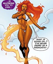 1girls big_breasts bikini breasts cleavage dc dc_comics elizabeth_torque female female_only fit_female full_body green_eyes hand_on_neck kevin_senft koriand'r long_hair midriff orange_skin pose purple_lipstick solo starfire teen_titans thick_thighs thong voluptuous white_bikini