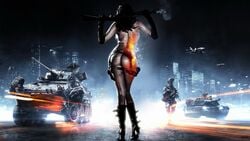 ass battlefield battlefield_(series) battlefield_4 big_butt black_hair box_art city gun helicopter jet plane sideboob soldier standing tagme tank walking