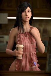 1girls 3d alternate_version_available apron black_hair blender female female_only final_fantasy final_fantasy_vii final_fantasy_vii_remake iced_latte_with_breast_milk lewdineer light-skinned_female looking_at_viewer meme pinup red_eyes sideboob solo square_enix starbucks tifa_lockhart