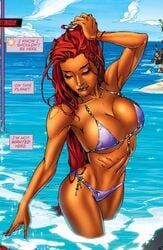 1girls big_breasts bikini canonical_scene cleavage dc dc_comics female female_only fit_female kenneth_rocafort kevin_senft koriand'r long_hair midriff new_52 orange_skin purple_bikini purple_lipstick red_hair red_hood_and_the_outlaws solo starfire teen_titans thick_thighs voluptuous