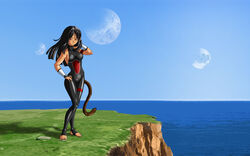 1girls 3_moons alien_planet bare_arms bare_shoulders barefoot black_bodysuit black_hair bodysuit commission day daylight daytime dragon_ball dragon_ball_z facing_viewer female_only full_body hand_on_hip long_hair multiple_moons nature no_bra oc ocean outdoors petite petite_body petite_female saiyan seaside sideboob small_breasts standing tail