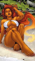 1girls beach big_breasts bikini breasts cleavage closed_eyes dc dc_comics elizabeth_torque feet female female_only fit_female green_eyes kevin_senft koriand'r long_hair midriff orange_skin purple_lipstick relaxing side-tie_bikini solo starfire starfire_(comics) swimsuit teen_titans thong toes voluptuous white_bikini