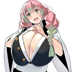 big_breasts braided_hair breast_squish cleavage clothing demon_slayer female female_only green_eyes haori huge_breasts kanroji_mitsuri kimetsu_no_yaiba masao mole_under_eye open_mouth open_shirt pink_hair smile solo two_tone_hair upper_body