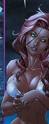 big_breasts bikini cleavage dc dc_comics fit_female kenneth_rocafort kevin_senft koriand'r long_hair midriff orange_skin purple_lipstick red_hair small_bikini starfire teen_titans voluptuous white_bikini