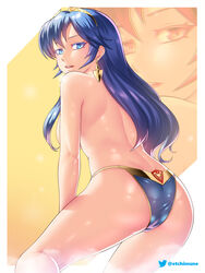 1girls ass back back_view bare_back big_ass blue_eyes blue_hair blue_panties blush breasts earrings etchimune fire_emblem fire_emblem_awakening hair_between_eyes long_hair looking_at_viewer looking_back lucina_(fire_emblem) medium_breasts nintendo open_mouth panties simple_background smile solo tiara topless twitter_username underwear