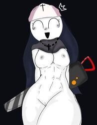 alien big_thighs breasts chainsaw female fnf_mods friday_night_fever friday_night_funkin naked nun owo_(artist) smile taki_(fevertown) white_body