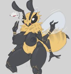 antennae_(anatomy) anthro areola arthropod arthropod_abdomen bee big_breasts black_body black_nipples blush breasts compound_eyes female fuel_gauge fur grey_background huge_breasts hymenopteran insect_wings insects itzel_(artlegionary) jizzus mandibles multi_arm multi_limb neck_tuft nipples non-mammal_breasts nude puffy_areola simple_background solo tuft wide_hips wings yellow_body yellow_fur