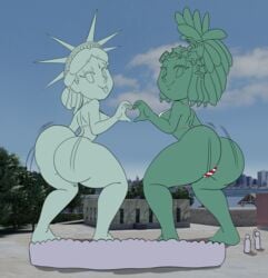 2girls american_flag ass ass_shake bent_knees big_ass bubble_butt female huge_ass looking_at_viewer looking_back motion_lines new_york panties shaking_butt statue statue_of_freedom statue_of_liberty tansau thick_thighs twerking wiggle_lines