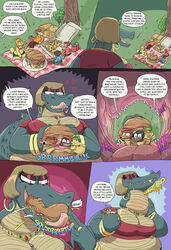 2021 alligator anthro anthro_pred anthro_prey breasts comic crocodile crocodilian crocodylid dialogue earrings eating_food english_text female female_pred food giantess gulp gulpspooky hi_res imminent_death licking_lips lizard macro male male_prey mature_female milf open_mouth pizza reptile sandwich scalie size_difference smaller_anthro smaller_male speech_bubble swallowing text vore