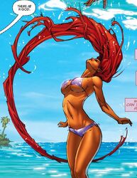 1girls big_breasts bikini canonical_scene cleavage dc dc_comics female female_only fit_female hair_flip kenneth_rocafort kevin_senft koriand'r long_hair midriff new_52 orange_skin purple_bikini purple_lipstick red_hair red_hood_and_the_outlaws solo starfire teen_titans thick_thighs voluptuous