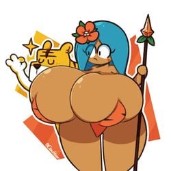 bottomless breasts cookie_run dewbber female food_creature hair_over_one_eye huge_breasts humanoid ok_sign spear thick_thighs tiger tiger_lily_cookie video_games wide_hips