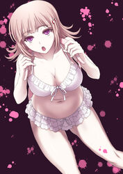 1girls backpack bare_arms bare_midriff bare_shoulders bare_thighs belly big_breasts bikini bikini_bottom bikini_top breasts chubby chubby_female cleavage danganronpa danganronpa_2:_goodbye_despair danganronpa_s:_ultimate_summer_camp female female_only frills from_above front-tie_bikini front-tie_top hair_ornament human human_only iga_tomoteru large_breasts light-skinned_female light_skin looking_at_viewer looking_up nanami_chiaki navel pink_blood purple_background purple_eyes slightly_chubby solo solo_female stomach straight_hair super_danganronpa_2 swimsuit thighs white_bikini white_bikini_bottom white_bikini_top white_swimsuit