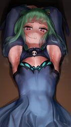 1girls abs armpit_crease armpit_fetish armpit_focus armpits arms_up female green_hair hololive hololive_fantasy hololive_japan looking_at_viewer lying_on_back red_eyes small_breasts sweat sweatdrop sweating sweaty_armpits uruha_rushia virtual_youtuber wassnonnam