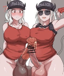 2futas animal_penis balls big_breasts big_penis bottomless breasts censored clothed clothing duo erection futa_only futanari helltaker horny horsecock horsecock_futanari huge_balls huge_cock humanoid humanoid_penis justice_(helltaker) large_breasts light-skinned_futanari light_skin masso_nullbuilt modeus_(helltaker) oversized_balls pale_skin partially_clothed penis penis_size_difference police police_hat precum pubic_hair squatting straight_hair sunglasses testicles thick_thighs tinted_eyewear wide_hips