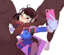 1girls 3boys big_penis blizzard_entertainment blowbang blush bodysuit brown_eyes brown_hair cellphone clothed_female_nude_male d.va dark-skinned_male faceless_male fellatio female female_focus gaiidraws gangbang headset interracial kneeling korean licking_penis long_hair long_penis looking_at_viewer male multiple_boys multiple_penises open_mouth oral overwatch peace_sign selfie smile solo_focus straight tongue tongue_out veiny_penis