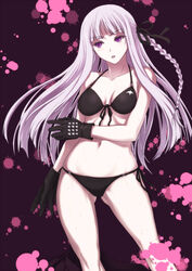 1girls bare_arms bare_midriff bare_shoulders bare_thighs belly bikini bikini_bottom bikini_top black_bikini black_bikini_bottom black_bikini_top black_swimsuit cleavage danganronpa danganronpa:_trigger_happy_havoc danganronpa_1 danganronpa_s:_ultimate_summer_camp female female_only front-tie_bikini front-tie_top front_view gloves human human_only iga_tomoteru kirigiri_kyouko light-skinned_female light_skin looking_away looking_to_the_side medium_breasts navel pink_blood purple_background purple_eyes purple_hair side-tie_bikini side-tie_panties sideboob smooth_skin solo solo_female stomach swimsuit thighs