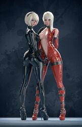 3d black_latex breasts hairband high_heels highres hydrafxx kaine_(nier) latex_suit long_hair nier nier:_automata nier_(series) nier_replicant red_latex unzipping unzipping_bodysuit white_hair yorha_2b