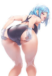 ass ass_focus bent_over blue_hair cameltoe female female_only gloves hairclip kantai_collection looking_at_viewer looking_back one-piece_swimsuit pink_eyes presenting presenting_hindquarters sabaku_no_tanuki solo spread_ass spreading swimsuit white_gloves wide_hips