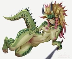 1girls 2d 5_fingers 5_toes animal_humanoid big_breasts blonde_hair breasts collar ear_piercing feet female female_only genital_fluids gradient_hair green_body horn horned_humanoid humanoid johnfoxart long_hair looking_at_viewer machete monster monster_girl monstrous_humanoid nipples nude nude_female one-punch_man piercing pink_nipples poison_lizard_sisters pussy_juice raptora red_eyes red_hair reptile reptile_humanoid scales scalie scalie_female scalie_humanoid scalie_only smile smiling smiling_at_viewer solo spikes spots spotted_body tail weapon yellow_body yellow_sclera