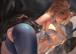 1girls animal_genitalia animal_penis artoria_pendragon artoria_pendragon_(lancer) bent_over blonde_hair blue_legwear blue_pantyhose bunny_ears bunnysuit censored clothed_female clothed_sex clothing crotchless fate_(series) female_human/male_feral female_on_feral femsub feral green_eyes high_resolution highleg highleg_leotard horse horse_penis horsecock human imminent_bestiality interspecies legwear leotard long_hair maledom mosaic_censoring no_panties pantyhose penis polki precum white_leotard zoophilia