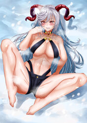 bare_legs blue_hair blush breasts colored_inner_hair fire_emblem fire_emblem_heroes freyja_(fire_emblem) grey_hair happy_female heavy_breathing horns large_breasts long_hair multicolored_hair nintendo red_eyes red_horns revealing_clothes rynn_(darknescorez) shorts sideboob smile spread_legs steaming_body very_long_hair