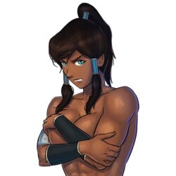 1girls 2d abs angry avatar_legends bend_or_break blue_eyes brown_hair covering_breasts dark-skinned_female dark_skin female female_only game_cg korra large_breasts looking_at_viewer muscular muscular_female no_bra ponytail solo straight_hair sunsetriders7 teenage_girl teenager the_avatar the_legend_of_korra water_tribe