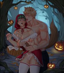 2boys animal_humanoid blonde_hair chest_grab crossdressing dress dress_lift ear_licking estrellachan27 femboy gay green_hair hand_on_chest hood_up izuku_midoriya katsuki_bakugou licking licking_ear male male/male my_hero_academia open_mouth outdoors outside pantiez penis_bulge penis_in_panties penis_under_clothes pumpkin reach_around red_hood shirtless spiky_hair standing thigh_highs thighhighs tongue tongue_out tree underwear wolf_ears wolf_humanoid wolf_tail yaoi