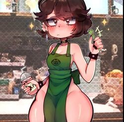 1girls hourglass_figure iced_latte_with_breast_milk meme no_bra no_panties only_female short_hair small_breasts tablita-chan thick_thighs