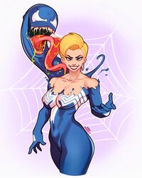 1girls 2021 anne_weying artist_name blonde_hair blue_eyes breasts cleavage female female_only hoop_earrings jakuson_z light-skinned_female light_skin long_tongue looking_at_viewer marvel marvel_comics nose_ring purple_background reaching_out reaching_towards_viewer septum_piercing she-venom solo spider-man_(series) symbiote thick_thighs tongue_out venom venom_(marvel) white_background