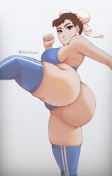 1girls 2021 action_pose artist_signature ass ass_focus ass_shot attacking_viewer blue_bra blue_panties bra breasts brown_eyes brown_hair capcom chun-li disinterested emotionless expressionless female female_focus female_only huge_ass kicking large_breasts leg_lift panties phat_smash short_hair simple_background street_fighter thick_thighs thighhighs thighs thunder_thighs twin_buns