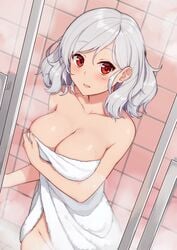 1girls 2017 blush breasts female female_only girls'_frontline large_breasts looking_at_viewer medium_hair naked_towel open_mouth red_eyes shiny_skin shower solo spas-12_(girls'_frontline) steam terras towel wet white_hair