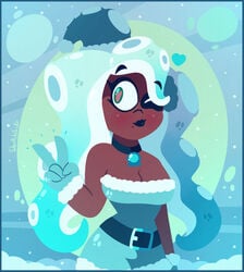 black_lipstick breasts choker christmas female marina_(splatoon) nintendo octoling peace_sign smiling snow solo splatoon splatoon_2 tagme thesketchyside winking