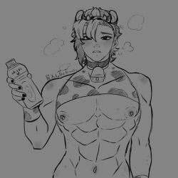 1boy black_eyes black_hair boob_window cow_ears cow_horns cow_print cowbell fanart_from_twitter male male_boobs male_breasts male_only milk milk_bottle milking_breasts monochrome muscles original_character pierced_nipples solo webtoon white_hair