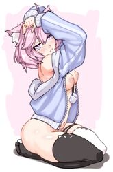 ass big_ass blush breasts cat_ears catgirl fuzzy_balls hand_on_head leone145d86 looking_at_viewer nipples nyatasha_nyanners open_clothes open_hoodie partially_clothed pink_hair plain_background skindentation small_breasts stockings thick_ass thick_thighs thighhighs thighs virtual_youtuber vshojo white_background