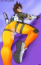 anus ass ass_focus big_ass blizzard_entertainment blue_eyes brown_hair chronal_accelerator clitoris clothed color edit female female_focus female_only harness human leggings looking_back neokabu noill overwatch presenting pussy ripped_clothing short_hair smile tracer