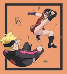 1boy 1girls aldwelter alternate_costume black_hair boruto:_naruto_next_generations cameltoe eyes_wide_open female fighting fully_clothed jumping kicking looking_at_partner looking_at_pussy lying male naruto naruto_(series) panties red_eyes sarada_uchiha sharingan sparring surprised under_skirt underwear uzumaki_boruto yellow_hair