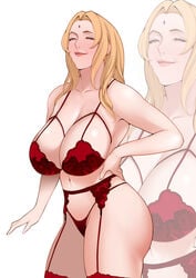 1girls big_breasts blonde_hair bra breasts cleavage eyeshadow facial_mark forehead_mark hand_on_hip heart heart-shaped_pupils highres huge_breasts jnsdh large_breasts lingerie lips looking_at_viewer makeup mature mature_female medium_hair naruto naruto_(series) naruto_shippuden nose panties pubic_hair pubic_hair_peek red_bra red_legwear red_panties reflection smile smug solo spaghetti_strap standing symbol-shaped_pupils thighhighs tsunade underwear zoom_layer