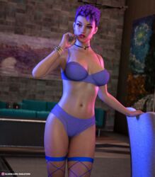 1girls 3d choker eagletime earrings female female_only fishnet_legwear fishnets hoop_earrings indoors large_breasts lingerie lipstick looking_at_viewer navel_piercing panties pinup purple_bra purple_hair purple_panties red_lipstick slushe_(website) solo solo_female