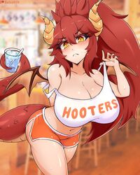 bebatch dragon_girl female_only hooters horns huge_breasts red_hair solo tail virtual_youtuber vshojo water wings yellow_eyes zentreya